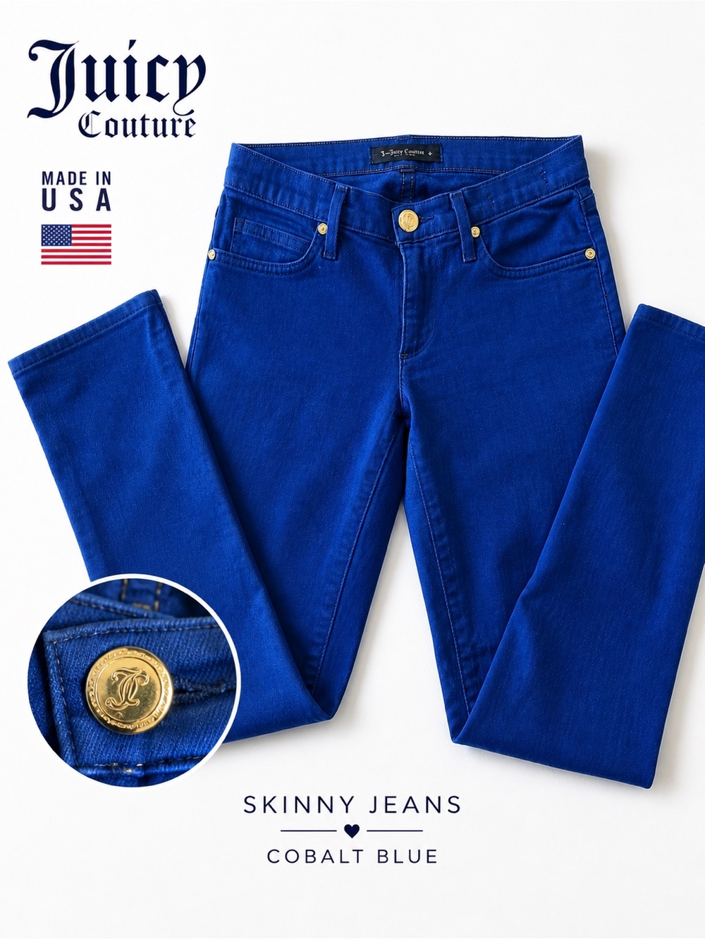 Juicy Couture Cobalt Blue Skinny Jeans with Gold-Tone Buttons